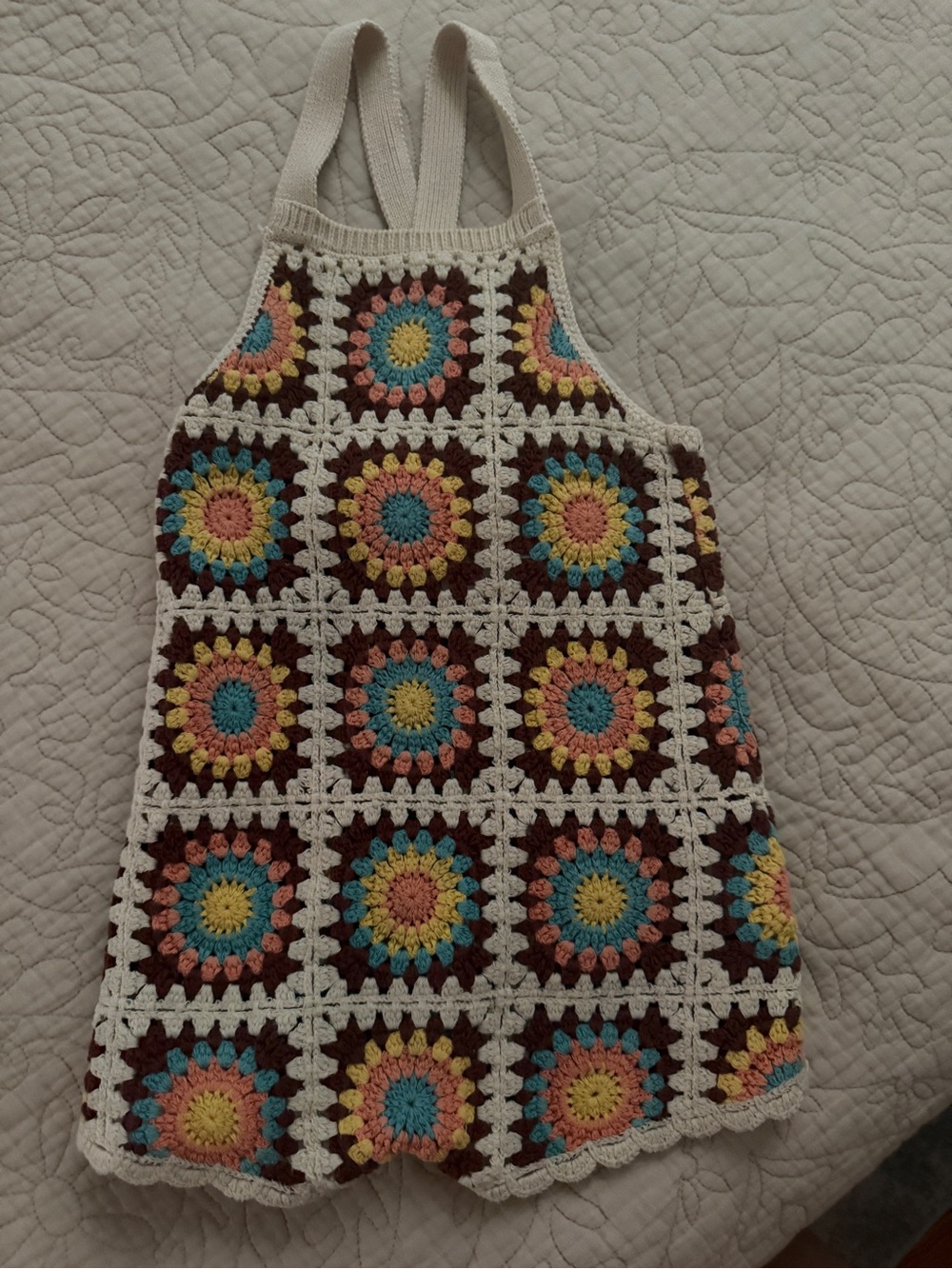 Zara Crochet Square Sundress in Cream with Blue, Pink, Yellow & Brown Motifs